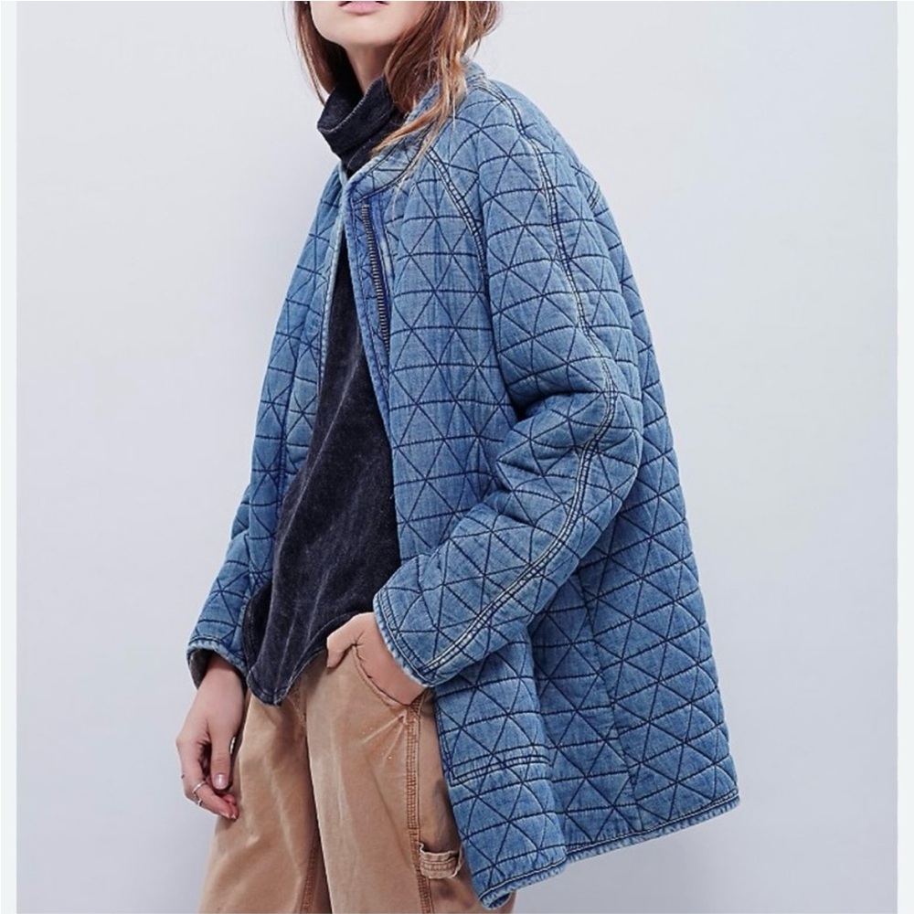 Free People blue chambray quilted long chore jacket